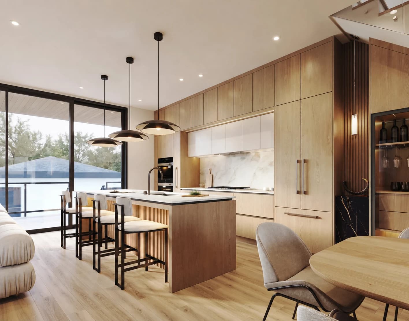 Italian-inspired kitchen with warm millwork and natural stone finishes
