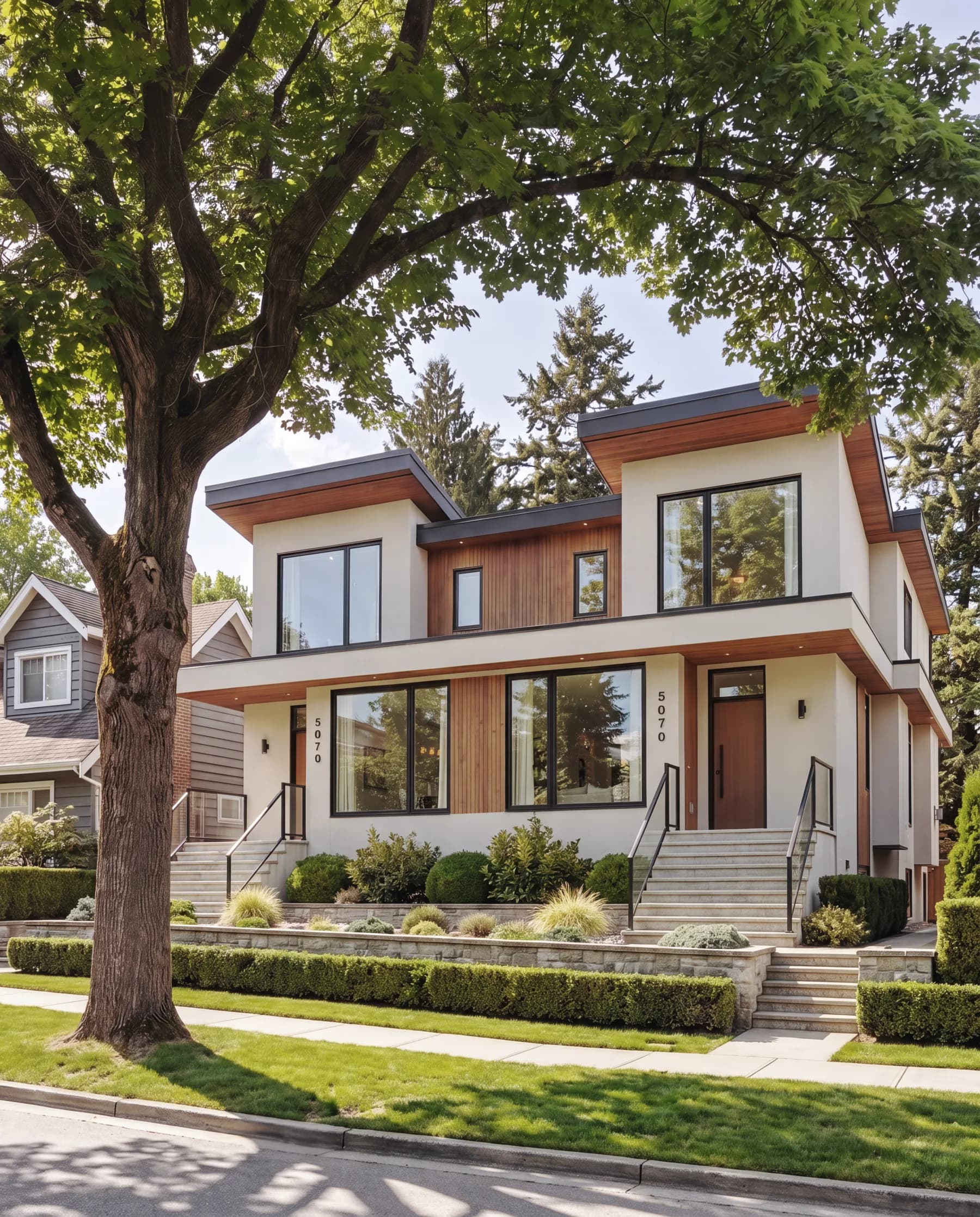 Front elevation of the two half-duplex residences at 5070 Blenheim beneath a mature street tree